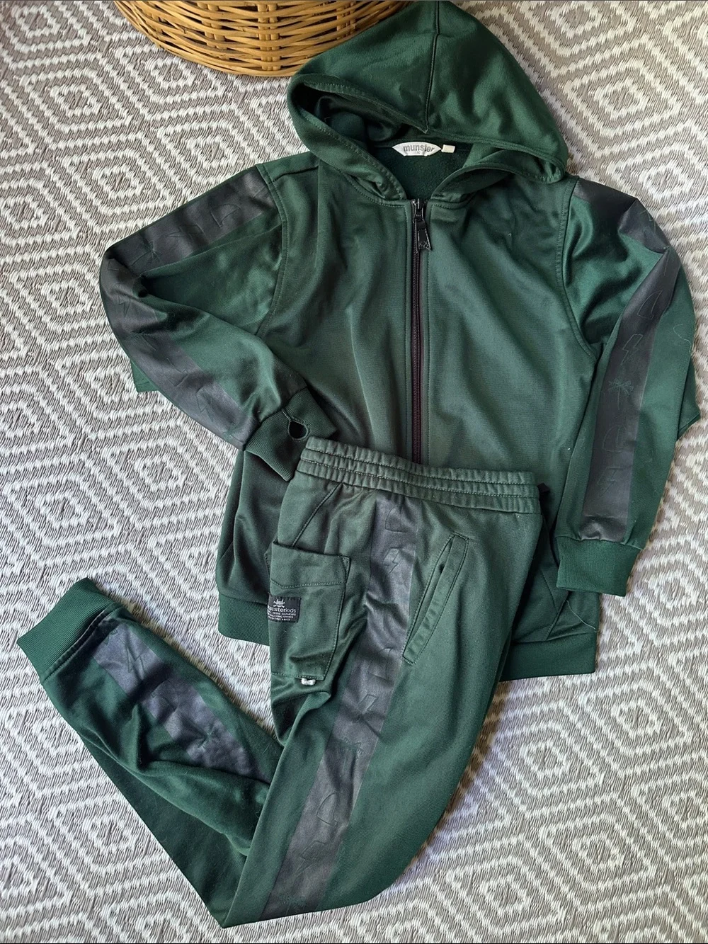 Munster Kids Set Dark Green Black Print Hooded Zip Jacket & Joggers size 10
